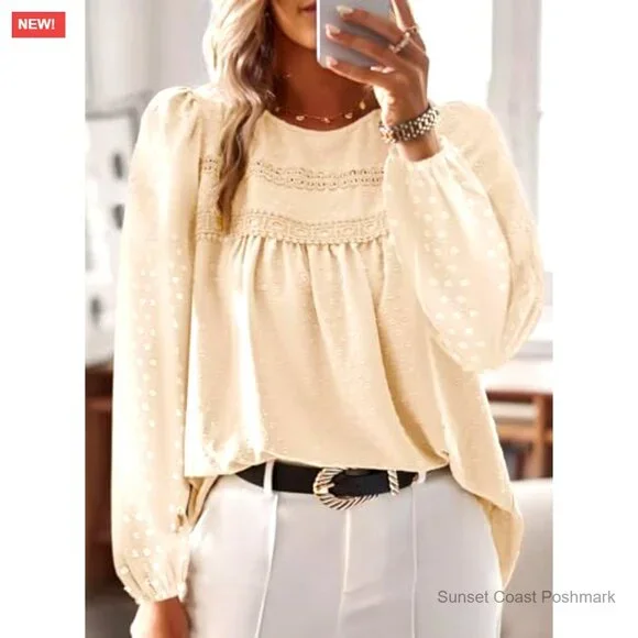 Swiss Dot Puff Sleeve Boho Top in Cream Crochet Lace Edges Coquette Spring New - Picture 4 of 7